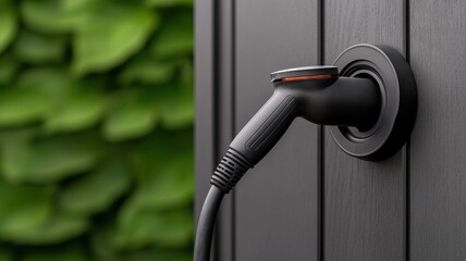 Electric Vehicle Charger Market concept. Electric vehicle charger connected to a wall with green background.