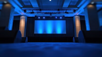 A conference stage set with blue lighting and a large screen, ready for presentations.