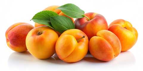 Fresh apricots are gathered together on a smooth white surface, showcasing their vibrant orange color and green leaves. This arrangement highlights their natural beauty and freshness