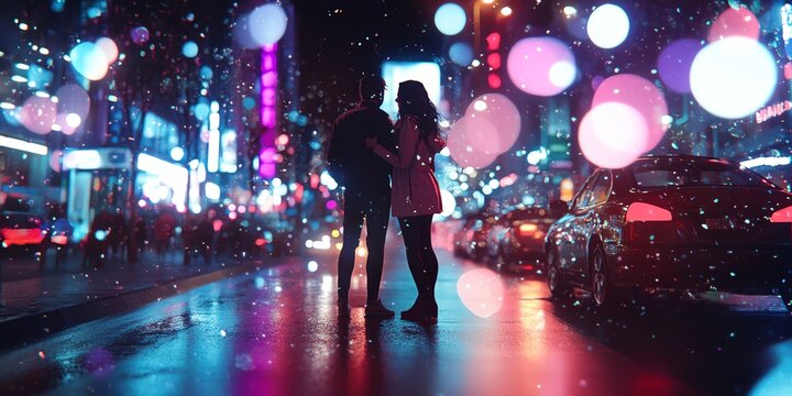 Wide-angle scene of a couple lost in a romantic story, surrounded by vibrant city lights, urban exploration vibes