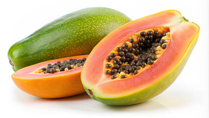 Brightly colored papayas sit on a white surface, with one fruit cut open to reveal its rich orange flesh and numerous black seeds, illustrating its tropical origin