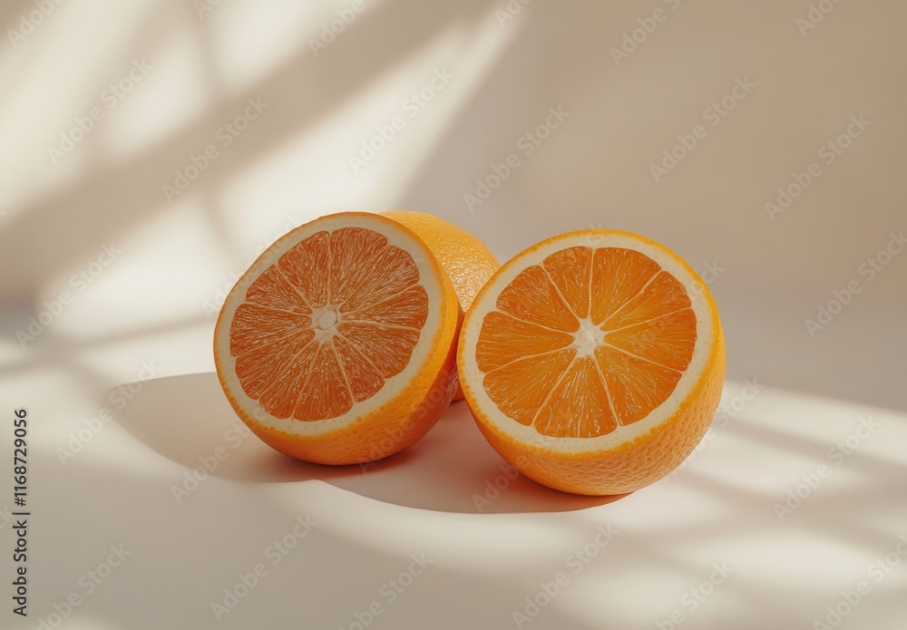 Aufkleber freshly cut oranges displayed on a bright background with soft shadow patterns highlighting their ju