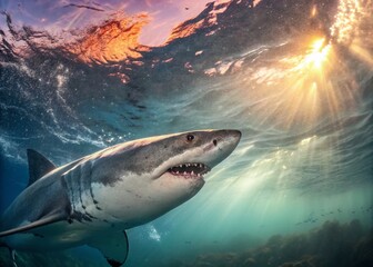Fototapeta premium Double Exposure Shark Head Ocean Wildlife Abstract Art Stock Photo