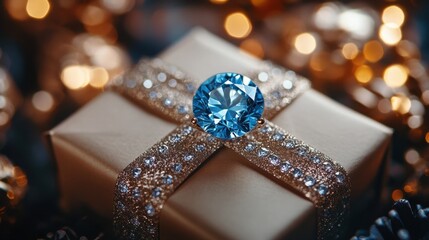 Fototapeta premium Sparkling gift adorned with a brilliant blue gem captures the essence of luxury and elegance during a festive celebration
