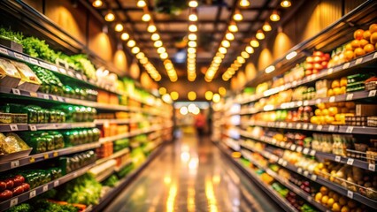 Low Light Supermarket Aisle: Organic Signage & Blurred Products