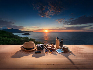 Sunrise over a tranquil ocean, viewed from a wooden deck.  Travel essentials hat, camera, sunglasses rest on the surface, hinting at an upcoming adventure.