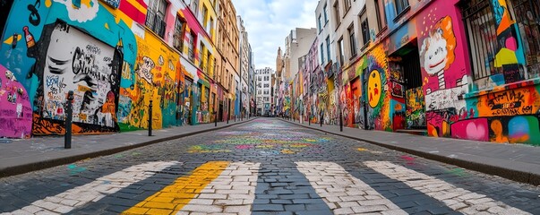 Fototapeta premium Vibrant street art adorns a narrow cobblestone alleyway, creating a captivating urban landscape