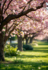 Blooming pink cherry blossom trees in a lush green garden on a sunny day