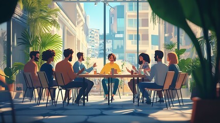 Group of neighbors holding a planning session in an open-air downtown cafe
