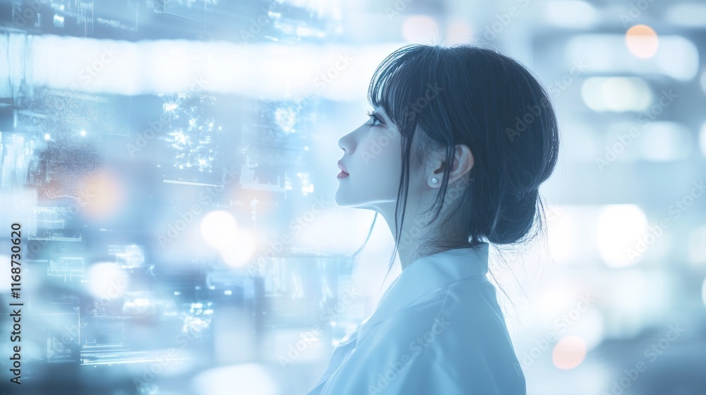 Aufkleber a contemplative woman gazes at a futuristic display in a high-tech environment.