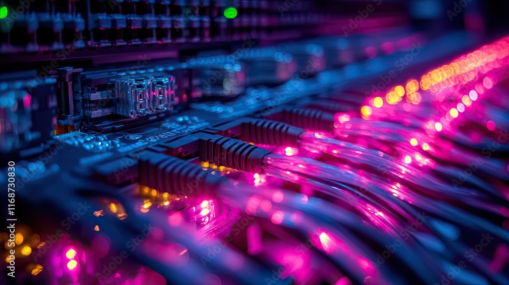 Poster network servers with glowing leds, representing powerful infrastructure for data storage, business o