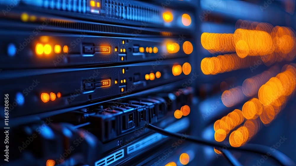 Poster network servers with glowing leds, representing powerful infrastructure for data storage, business o