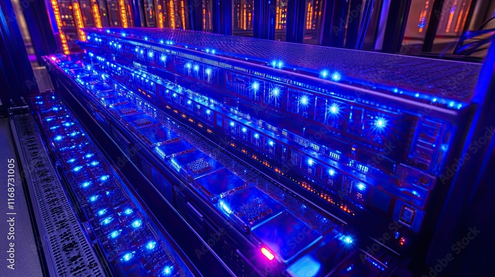 Poster network servers with glowing leds, representing powerful infrastructure for data storage, business o