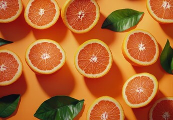 Freshly Sliced Oranges with Vibrant Orange Background and Green Leaves, Perfect for Food and Health Related Themes, Bright and Cheerful Arrangement