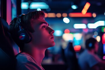Gen Z boy at a modern esports arena, watching a live gaming event, intense focus, high-tech environment, gaming and tech culture