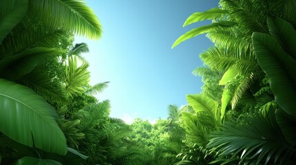 Lush green jungle with clear blue sky, inviting exploration.