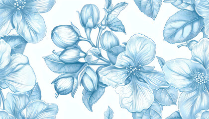 Fototapeta premium Blue Floral Illustration Seamless Pattern