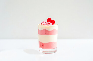 Valentine's Day dessert with layered pink and white cream and rose topping