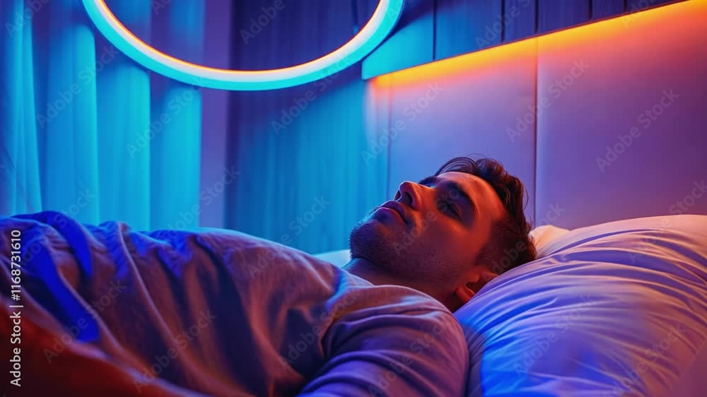 Poster this person lays peacefully in bed, illuminated by soft colored lights, creating a tranquil atmosphe