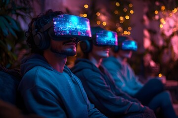 A group of friends in a living room, wearing VR headsets, immersed in a glowing grid of a futuristic virtual world. The scene is vibrant and exciting, ideal for showcasing VR technology.