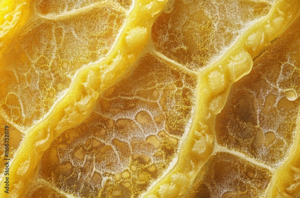Poster intricate close-up of textured honeycomb structure with golden honey residue and natural patterns fo