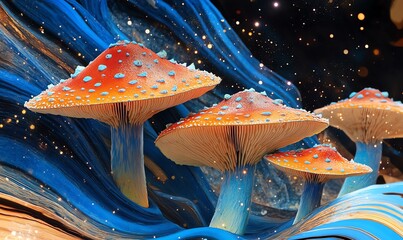 Enormous fluorescent mushrooms forming a gateway into a kaleidoscopic dimension, cosmic particles swirling around 