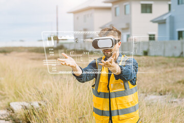 Engineer male worker using VR visual reality technology in construction industry with overly graphic