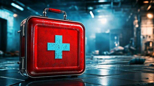 Red first aid kit placed on a dark tiled floor in an industrial space with a blue cross and ominous lighting