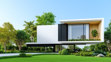 Modern house design with greenery and a sleek aesthetic.