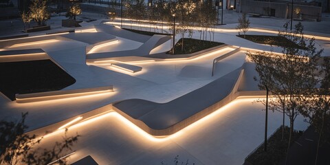 Fototapeta premium Modern outdoor illuminated seating area. Curved concrete benches and pathways create a unique urban landscape at night.