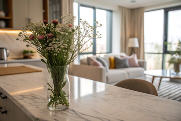 A modern living space with a marble countertop, wildflowers, and warm natural light from a large window. Cozy and stylish