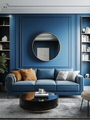 Elegant Blue Living Room Interior Design With Modern Furniture