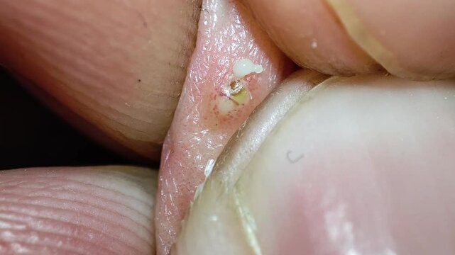 Squeezing a white pimple by hands.