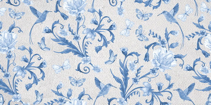 seamless watercolor painting texture of monochrome blue floral pattern with rose flowers, butterflies and hummingbirds on grey canvas background