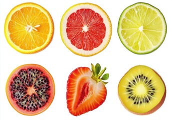 Obraz premium Vibrant and Fresh Citrus and Berry Slices Displayed in a Beautiful Arrangement Showcasing the Varied Colors and Textures of Different Fruit Types