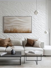 Modern minimalist living room with textured wall and neutral tones