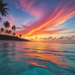 Tropical Beach Sunset with Vibrant Colors