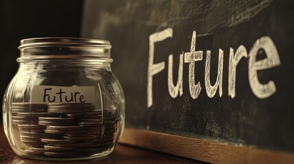 Saving for tomorrow glass jar of coins with future label in blurred background financial planning inspirational concept