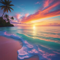 Tropical Beach Sunset with Vibrant Colors