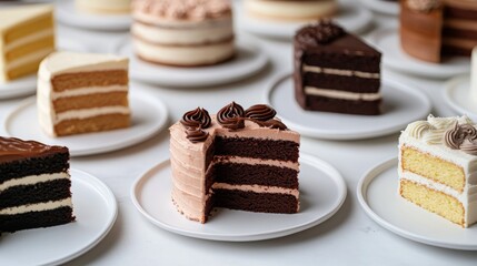 Display of assorted cakes on plates showcasing various flavors and designs at a dessert shop