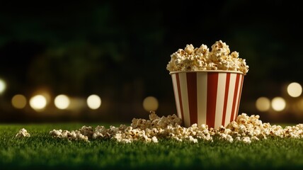 Oversized popcorn bucket surrounded by scattered kernels outdoor movie night food photography evening close-up focus