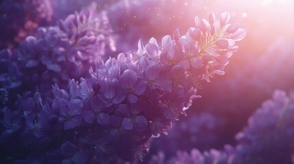Blooming lilacs illuminated by golden sunlight create a vibrant springtime atmosphere in a tranquil garden