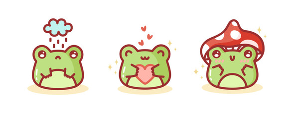 Cute cartoon frogs. Cute emoticons character  frog stickers. Frog with mushroom hat. Sad frog cries and with heart. Beautiful amphibian mascot. Vector flat illustration
