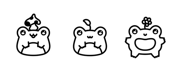 Cute linear frogs. Kawaii froggie pack. Emoticons with different emotions. Green frog. Baby animals bundle for childish stickers. Black outline illustration. Coloring book page.  