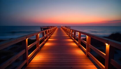 Obraz premium A wooden pier path, illuminated by the warm glow of LED lights, stretches out like a welcoming ribbon, offering a panoramic view of the tranquil ocean at sunset, creating a serene and enchanting atmos