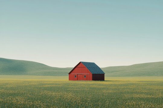 Red barn stands alone in a vast green field under a clear blue sky