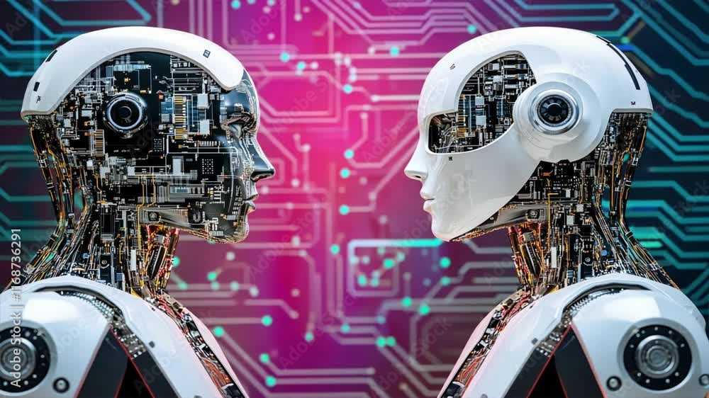 Poster futuristic humanoid robots with intricate circuitry showcase advanced technology and artificial inte