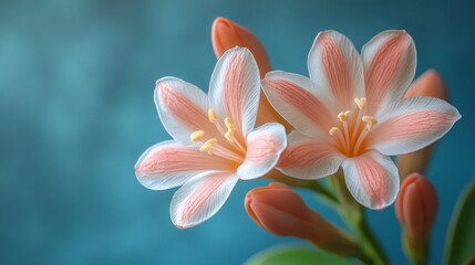 Fototapeta premium Delicate pink flowers bloom softly against a serene blue background in an elegant display of nature's beauty