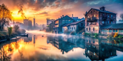 Naklejka premium Eerie Dawn Fog Over River, Urban Exploration Photography