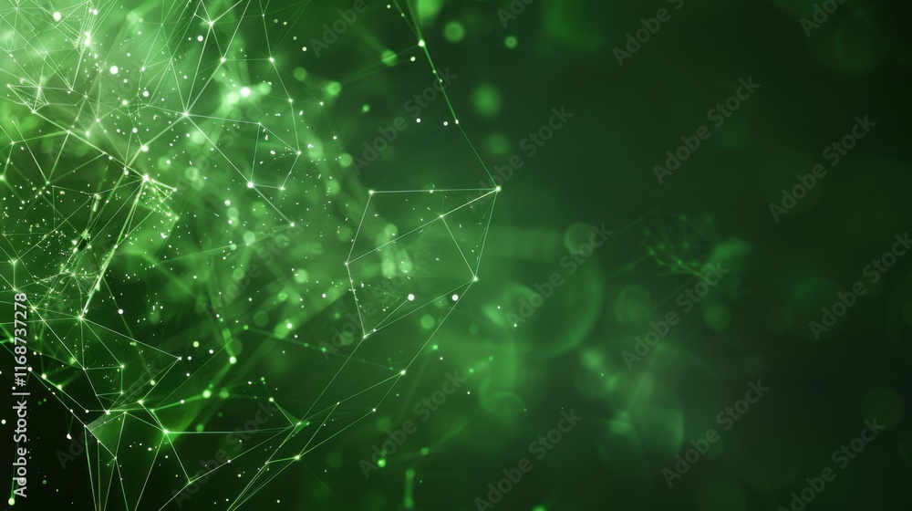 Poster banner with green abstract background with a network grid and particles connected. sci-fi digital te